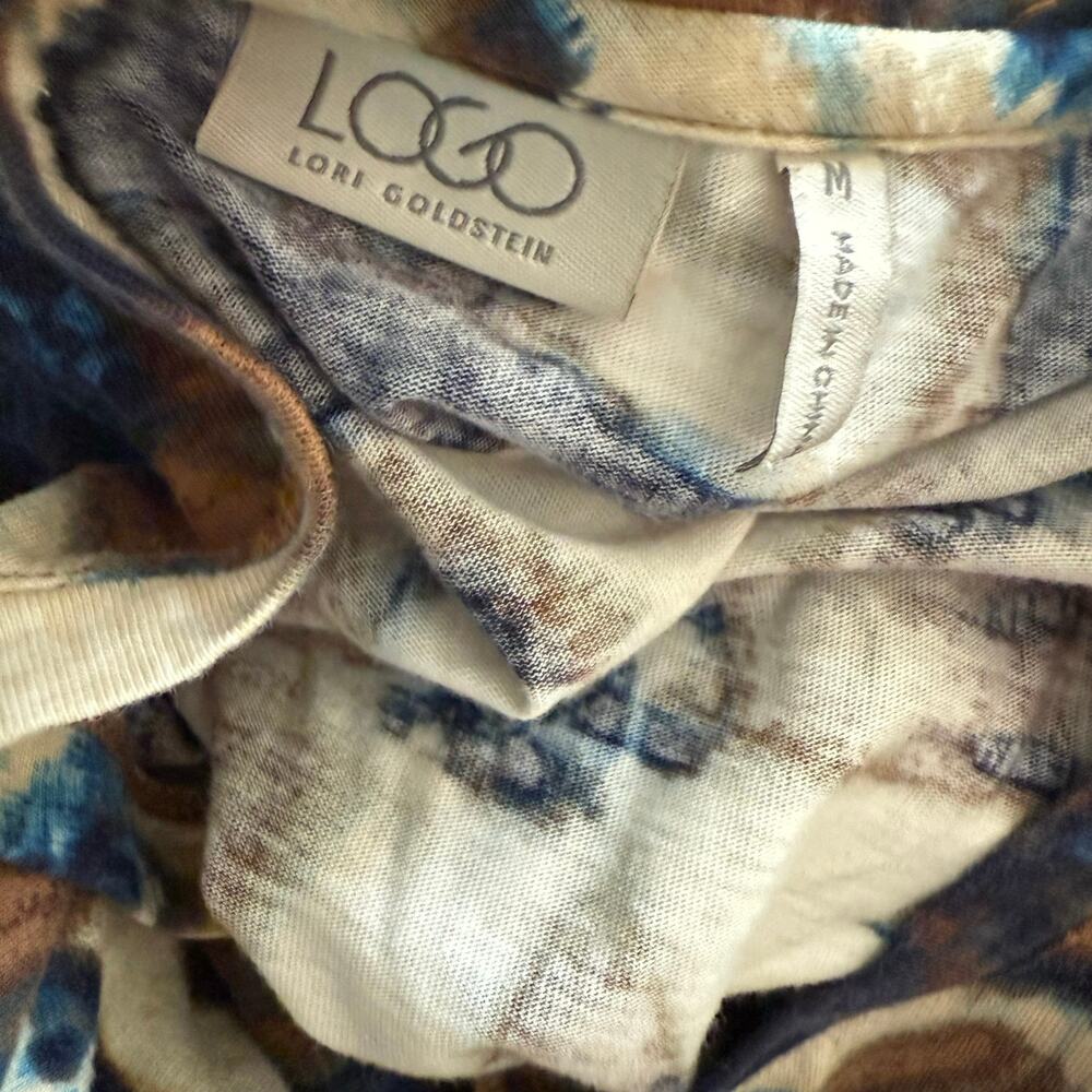 LOGO by Lori Goldstein abstract print blouse top asymmetrical hem satin trim M - Picture 12 of 15